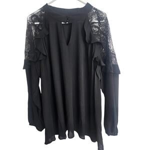 Torrid Top Long Sleeve Blouse Lace Blouse Womens 3X Black Ruffle Blouse Keyhole